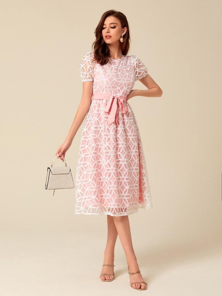 Floral Embroidery Mesh Overlay Puff Sleeve Belted Dress | SHEIN