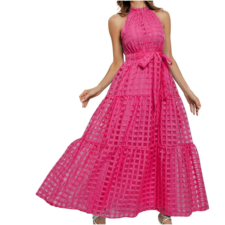 FAIWAD Women Summer Maxi Dresses Casual Sleeveless Plaid Hollow Out Long Dress Lace-up Ruffle Sun... | Walmart (US)