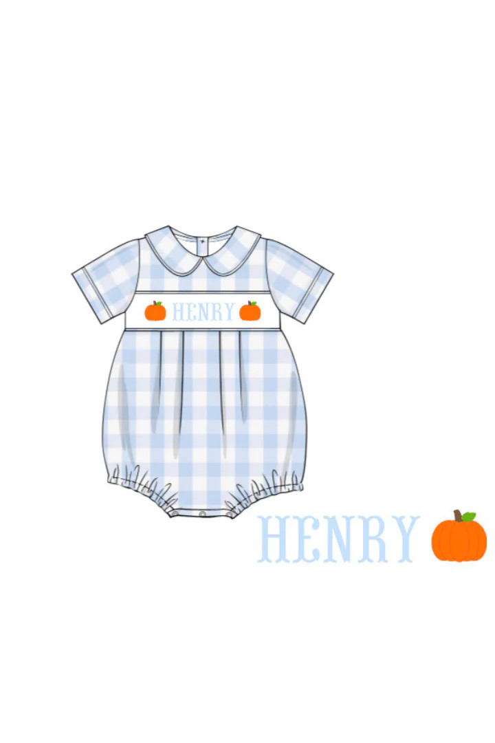 Pre-Order Hand Smocked Custom Name Blue Gingham Pumpkin Bubble-BOY | The Smocked Flamingo