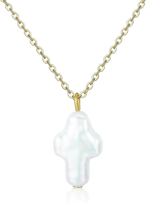 Freshwater Pearl Cross Necklace Women Dainty Single Baroque Pearl Pendant Fresh Water Pearl Neckl... | Amazon (US)