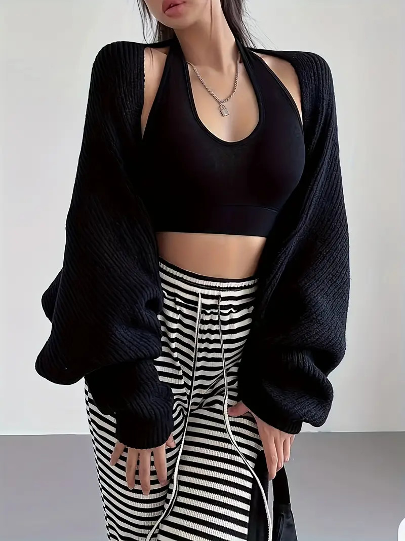 Open Front Knitted Crop Cardigan Casual Long Sleeve Cardigan - Temu | Temu Affiliate Program