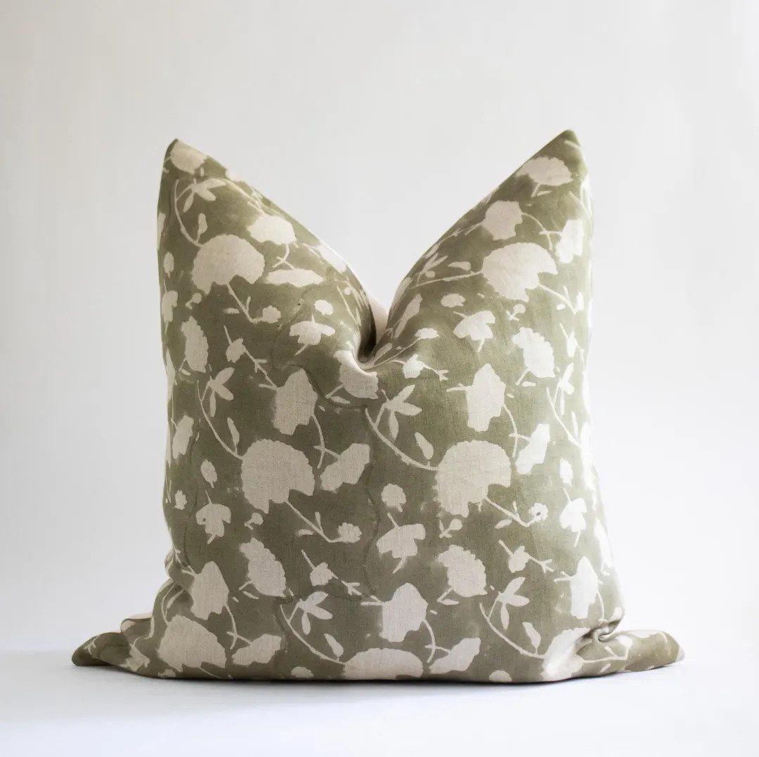 Olive Green Floral Linen Pillow Cover: Hand Block Printed Cushion | JUNIPER - Etsy | Etsy (US)