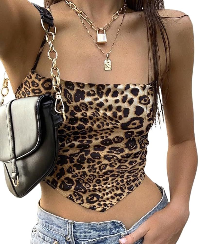 Backless Top Leopard Bandana Y2K Crop Tops for Women Trendy Criss Cross Strappy Camisole | Amazon (US)