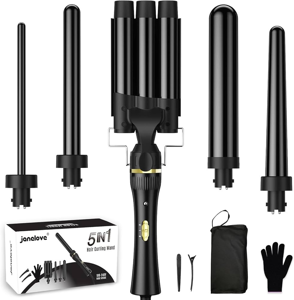 5 in 1 Wand Curling Iron, janelove Hair Curling Wand Set with 3 Barrel Hair Crimper and 4 Interch... | Amazon (US)