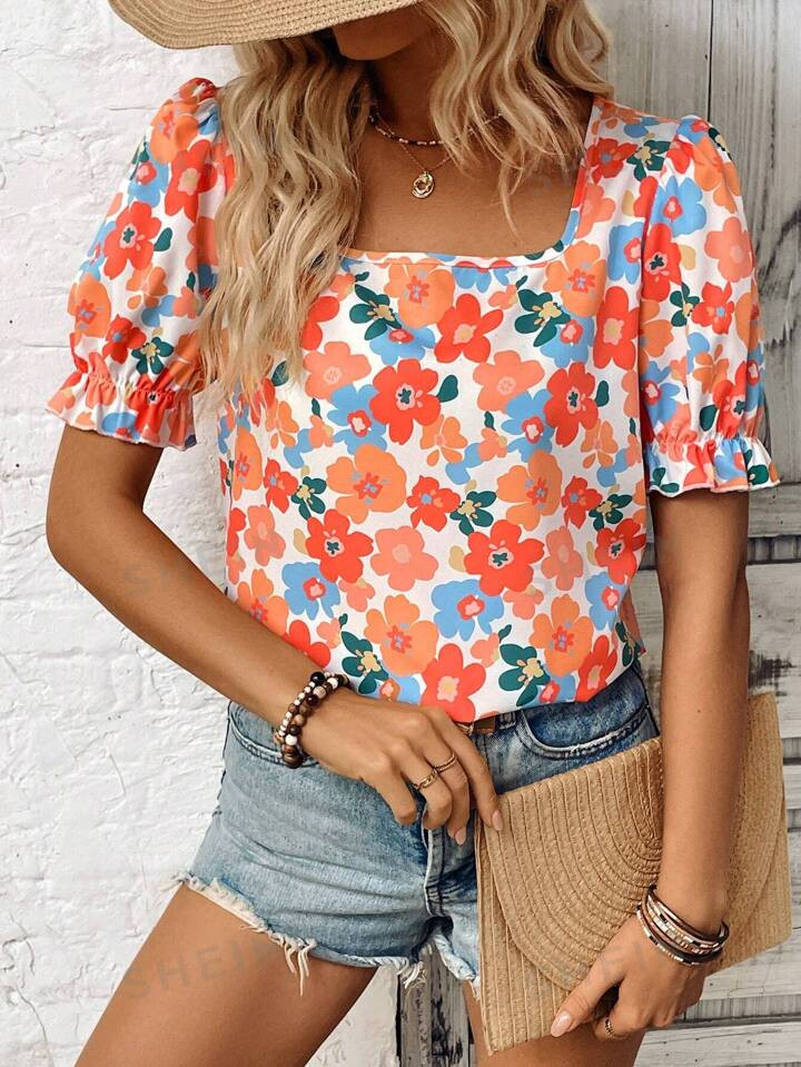 SHEIN Essnce Floral Print Women's Vacation Loose-Fit Puff Sleeve Wide Neckline Shirt | SHEIN USA | SHEIN