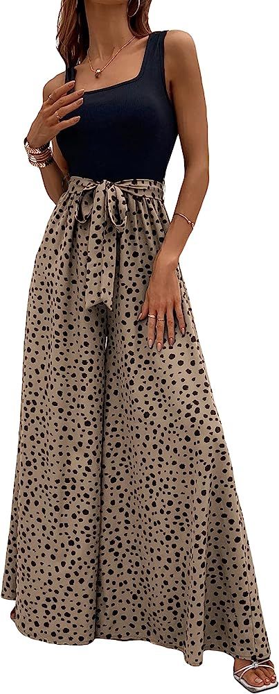 Milumia Women's Vintage Dalmatian Print Wide Leg Belted One Pieces High Waist Sleeveless Jumpsuit | Amazon (US)