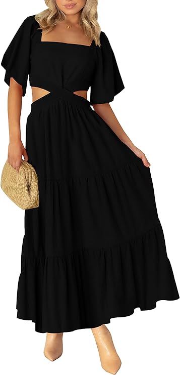 LEANI Women's 2024 Summer Cutout Maxi Dress Square Neck Short Sleeve Crossover Waist Casual Party... | Amazon (US)