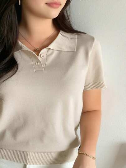 Dazy Plus Solid Color Polo Neck Fitted Short Sleeve Knit Top, Spring/Summer/Autumn | SHEIN