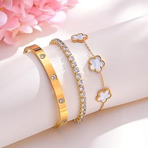 Womens Stackable Floral Gold Bracelets - 3Pcs 18K Gold Plated Bracelet,Stainless Steel Bangle Bra... | Amazon (US)