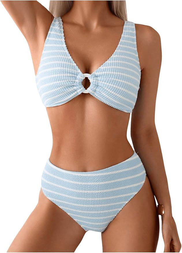 SOLY HUX Women's Striped Bathing Suit V Neck High Waisted Bikini Sets Two Piece Swimsuit | Amazon (US)