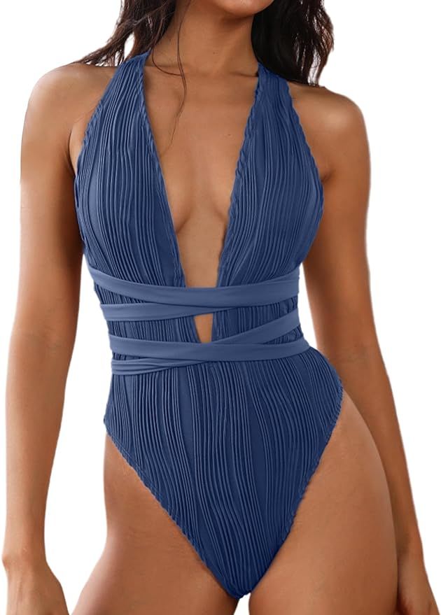 ZAFUL Women's One Piece Swimsuit Deep V Neck Self Tie High Cut Crisscross Back Bathing Suit | Amazon (US)
