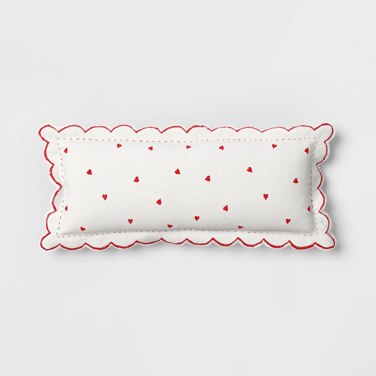 Oversized Lumbar Embroidered Hearts Throw Pillow with Scalloped Trim Ivory/Red - Threshold™ | Target