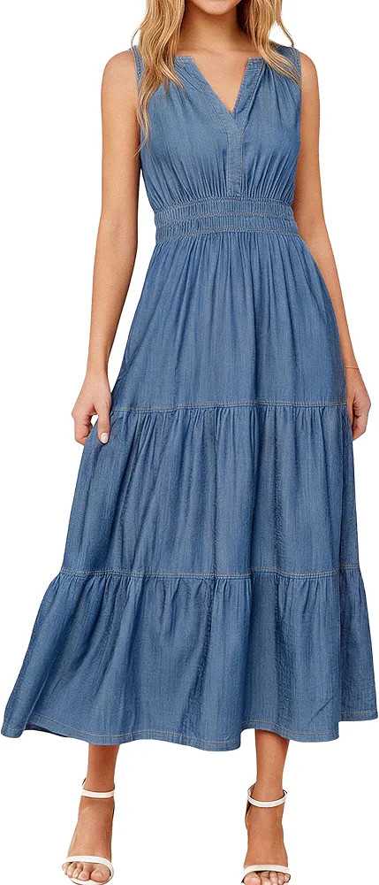 BerryGo Womens Denim Dress Sleeveless Jean Maxi Dress Empire Waist Flowy A Line Cowgirl Country S... | Amazon (US)