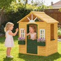 AIYAPLAY Outdoor Playhouse, Wooden Wendy House with Door, 2 Flower Boxes in Yellow | Debenhams UK