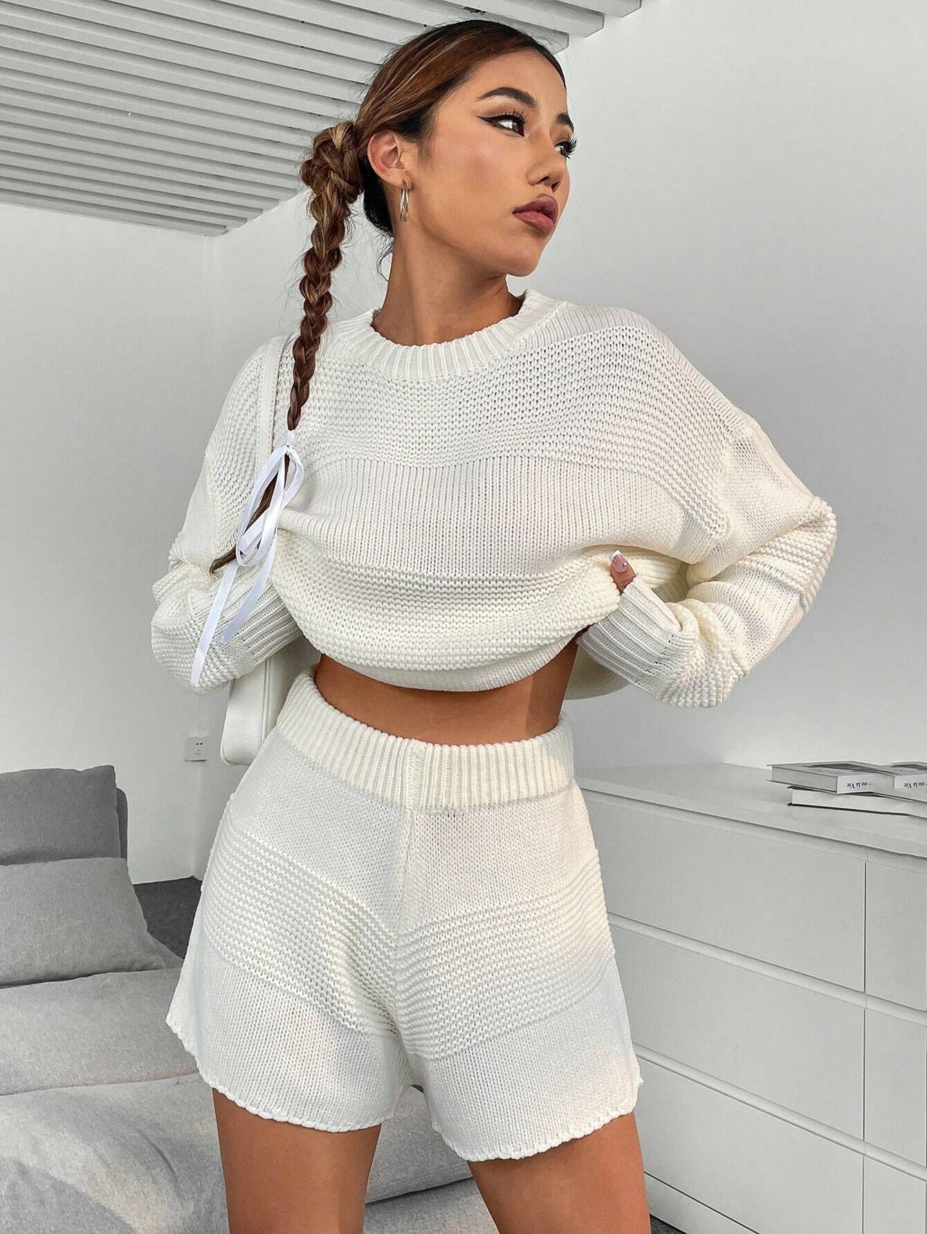 SHEIN Qutie Drop Shoulder Sweater & Shorts | SHEIN