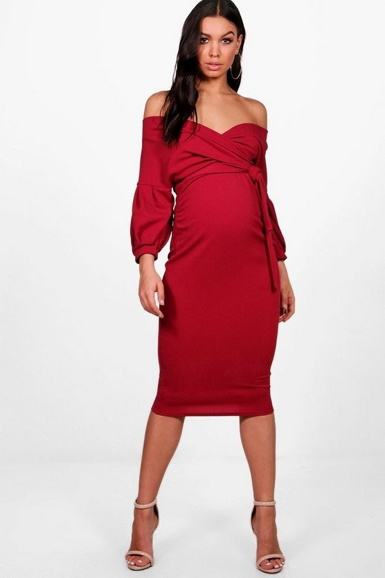 Maternity Off The Shoulder Wrap Midi Dress | Boohoo.com (US & CA)