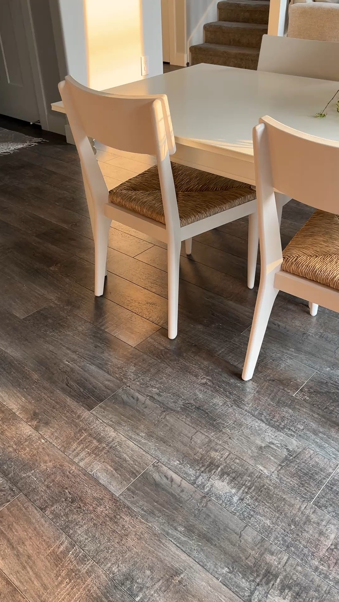 Austen White Rattan Dining Chair from Living Spaces 

Similar Amazon products linked 

Dining table is from Ikea 