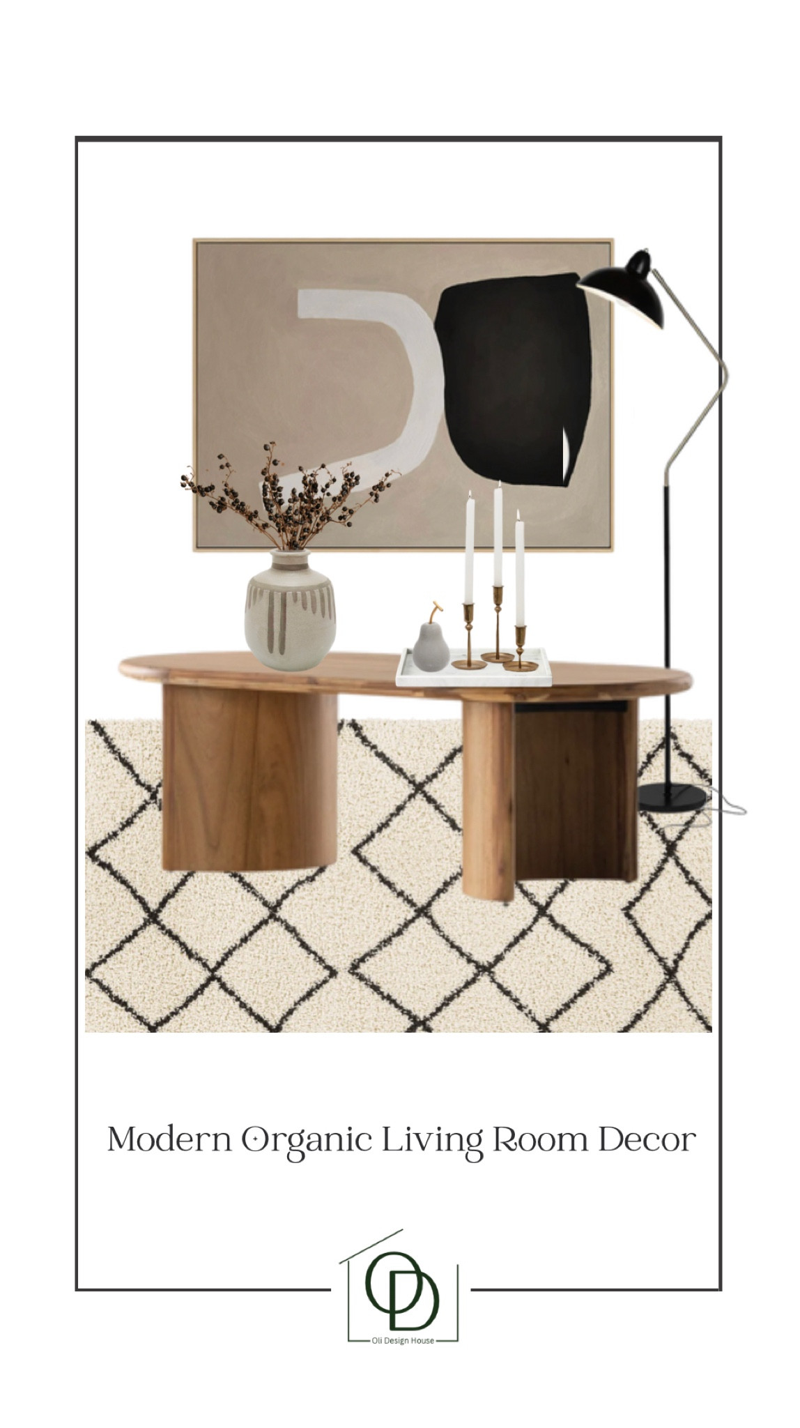 Modern organic living room decor. 

Moroccan geometric area rug, wabi sabi decor, wabi sabi wall art, tall floor lamp, black and gold floor lamp, modern floor lamp, affordable floor lamp, budget and splurge mix, brass tapered candlestick holders, marble tray for decor, clay vase, black berry stems, modern organic coffee table, decorative cement pear

#LTKhome #LTKFind #LTKstyletip