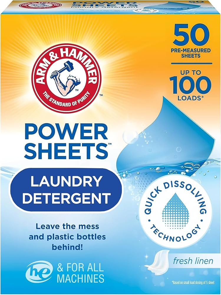 Arm & Hammer Power Sheets Laundry Detergent, Fresh Linen 50ct, up to 100 Small Loads (Packaging m... | Amazon (US)