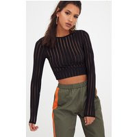 Black Mesh Stripe Longlseeve Crop Top | PrettyLittleThing UK