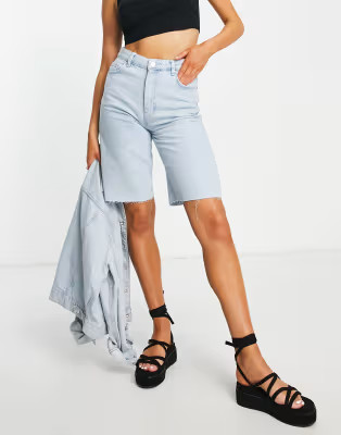 Bershka heart detail bermuda shorts in light blue | ASOS (Global)