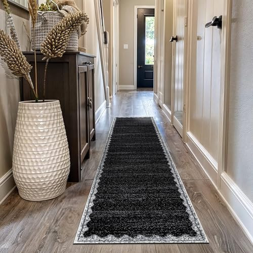 Rugshop Minimal Scalloped Border Indoor Runner Rug for Living Room Bedroom Kitchen Entryway, 2'3" x 8' Black/Ivory | Amazon (US)