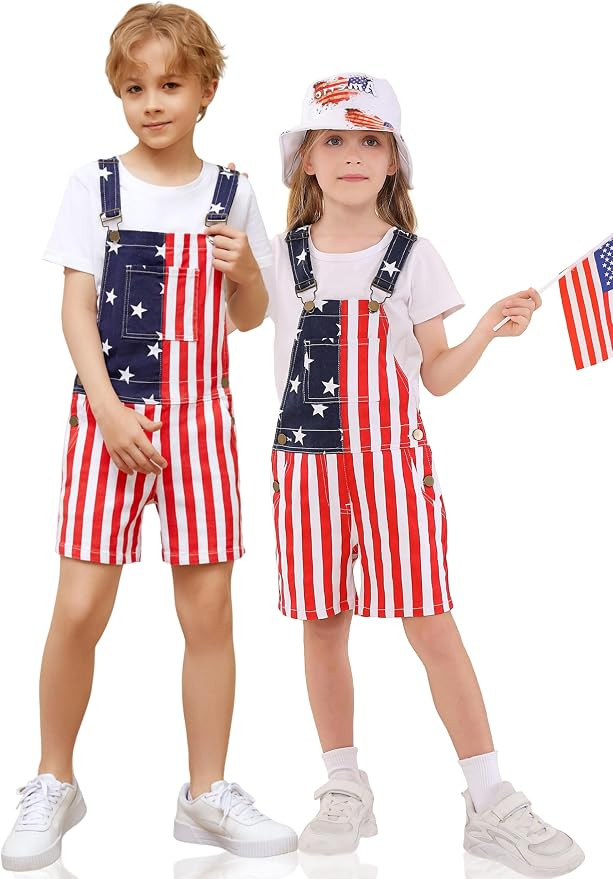 OeyFnbmO Kids 4th of July Outfit Boy American Flag Overall Girl Stretch Denim Jumpsuit USA Shorts... | Amazon (US)