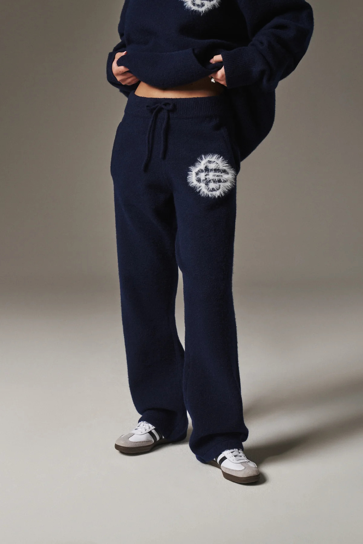 FLUFFY EMBLEM KNITTED JOGGERS - NAVY | The Couture Club