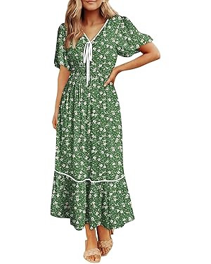 Dokotoo Womens Dresses V Neck Empire Waist Dress Summer Spring Short Sleeve Elegant Flowy Long Fl... | Amazon (US)