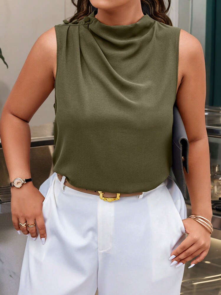 Calvaya Plus Size Solid Color Sleeveless Button Back Ruched Simple Casual Blouse | SHEIN