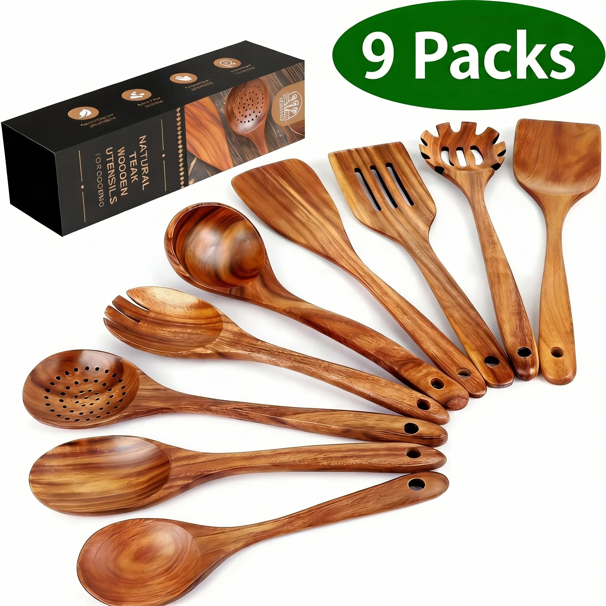 Natural Teak Wood Kitchen Utensils Set, 9 Piece Thickened Wooden Spoons and Spatula for Cooking, ... | Walmart (US)