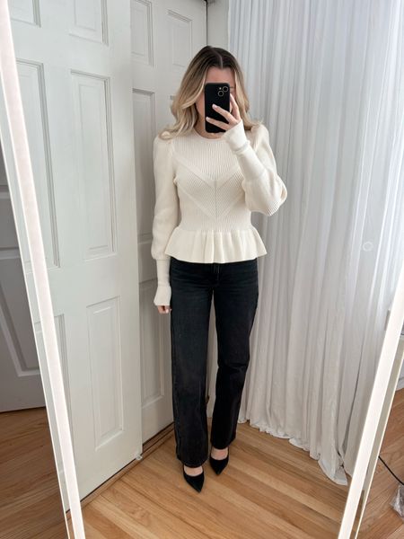 Wearing size 26 in the jeans & small in the sweater ✨ Work wear, outfit of the day, white sweater, jeans, winter outfit

#LTKSeasonal #LTKMostLoved #LTKworkwear