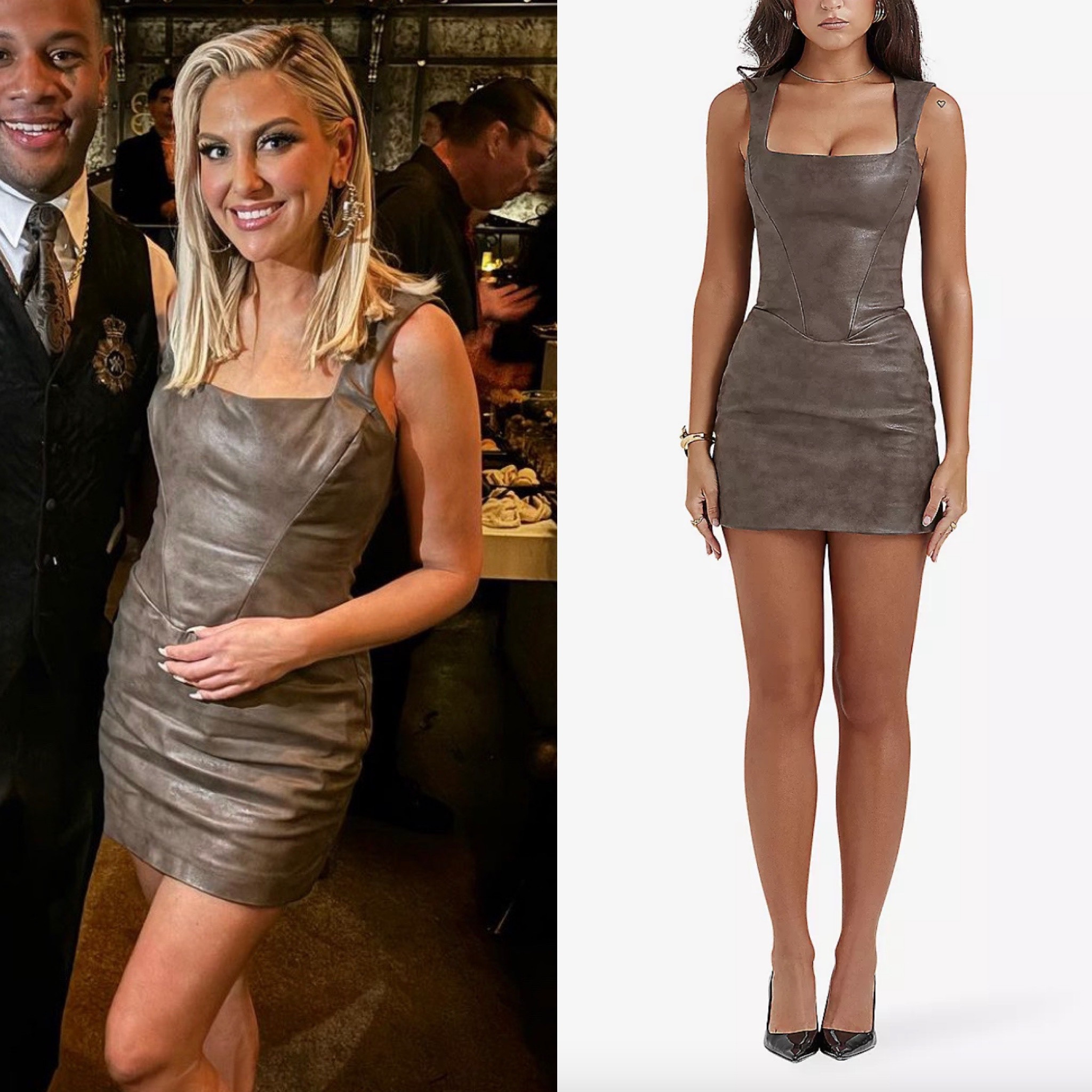 Gina Krischenheiter’s Brown Leather Mini Dress 📸 = @ginakirschenheiter