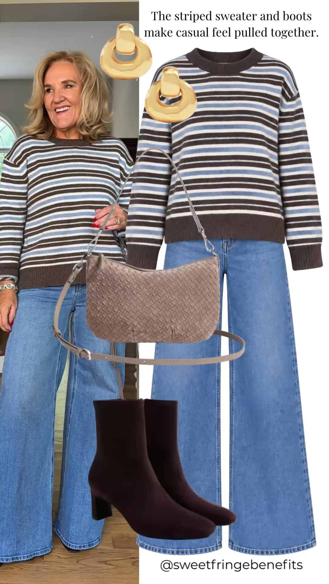 I don’t think you can go wrong with a good striped sweater and wide-leg jeans. I’m wearing a medium in the sweater and a size 29 in the jeans, and the boots make it feel a little more pulled together.

#LTKgrwm #LTKdayinmylife #LTKootd