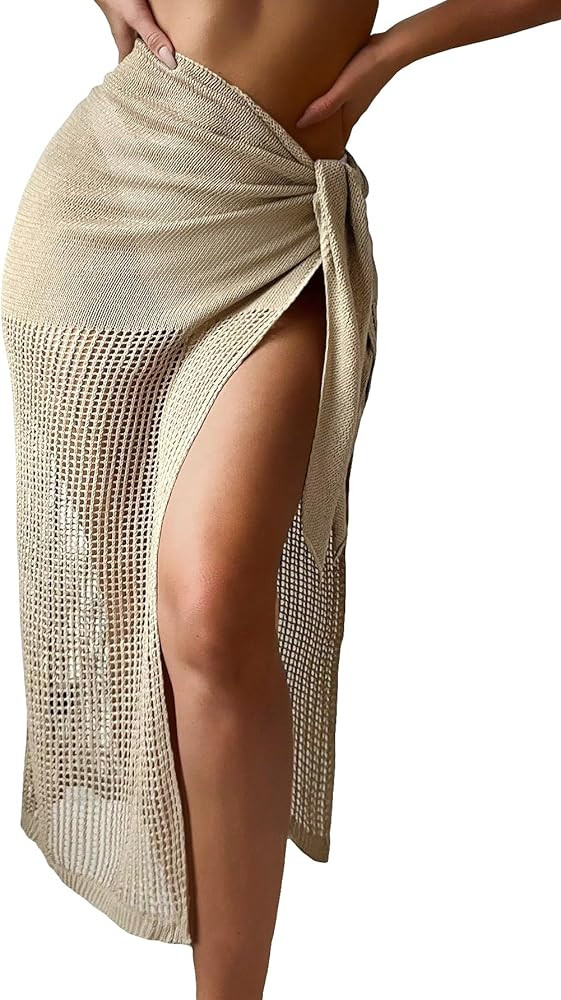 Verdusa Women's Tie Side Hollow Out Beach Swimsuit Crochet Sarong Wrap Cover Up Skirt | Amazon (US)