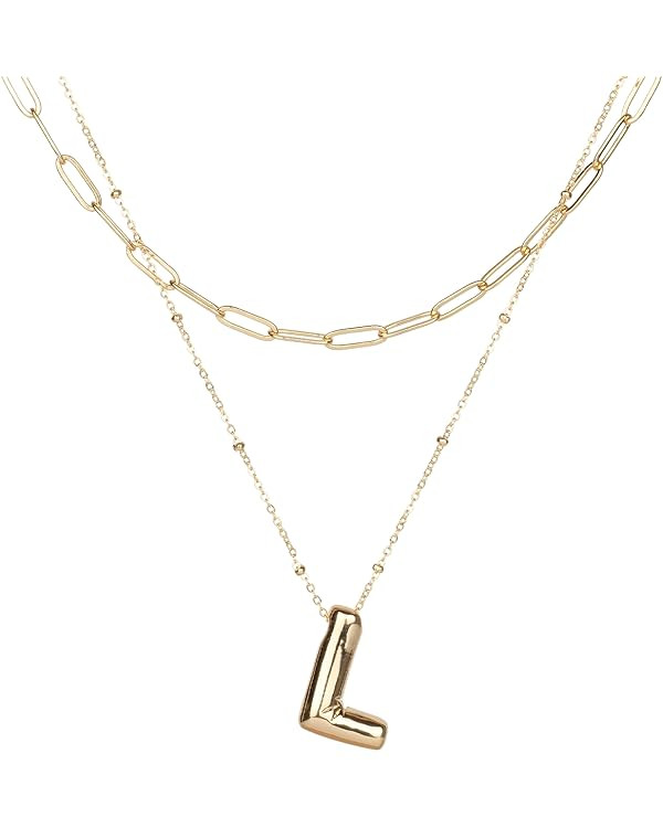 Bubble Letter Necklace Gold Layered Initial Necklaces for Women Choker Paperclip Chain Necklace 1... | Amazon (US)