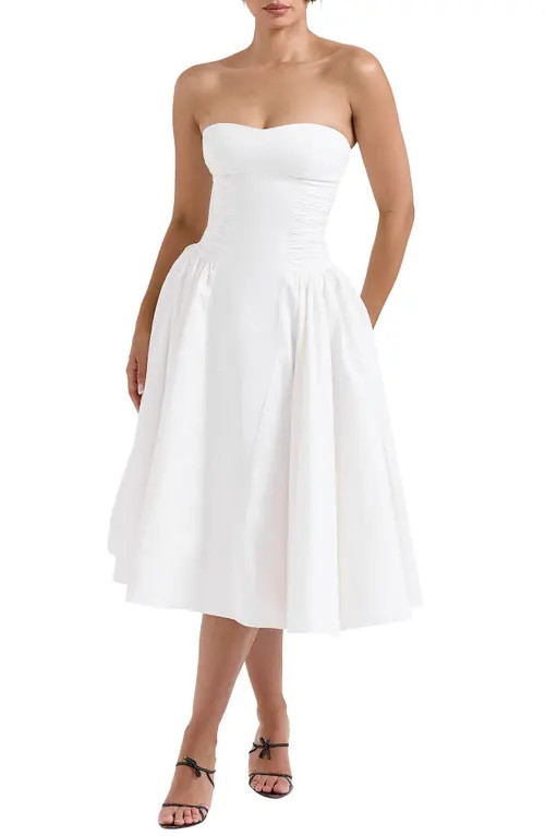 HOUSE OF CB Georgiana Strapless Stretch Cotton Fit & Flare Dress in White at Nordstrom, Size X-Large D | Nordstrom