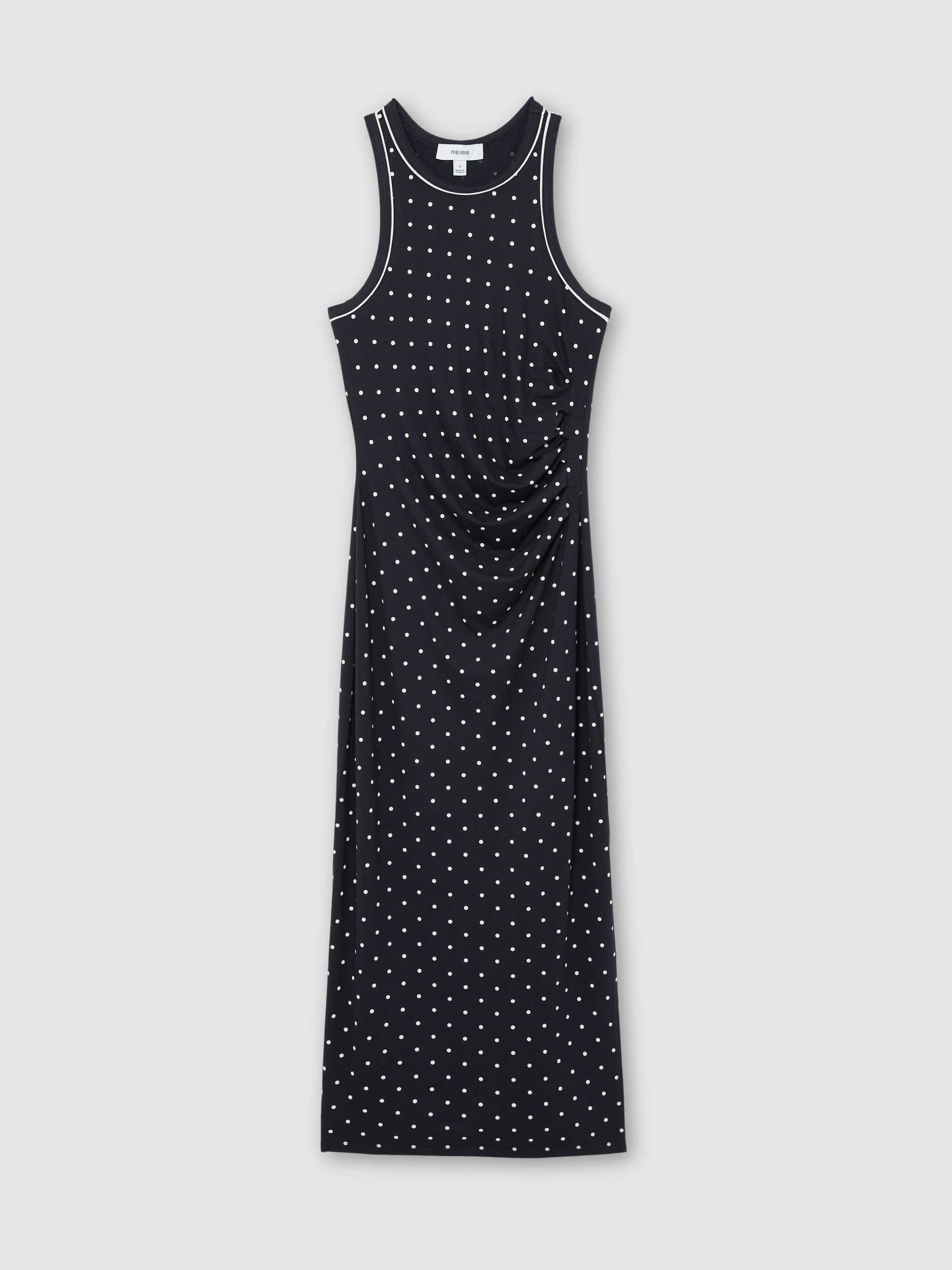 Reiss Jersey Racer Midi Dress in Navy Polka-Dot | REISS | Reiss US