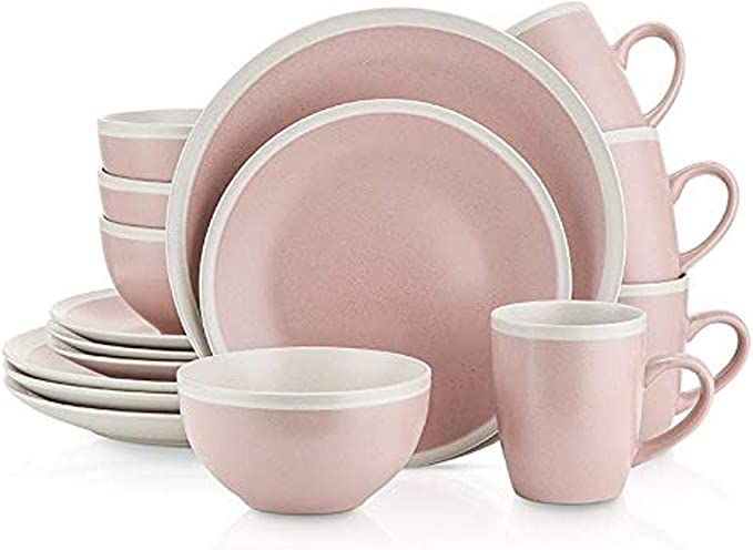 Stone Lain 16-Piece Stoneware Dinnerware, 2-Tone, Speckles, Pink-Cream | Amazon (US)