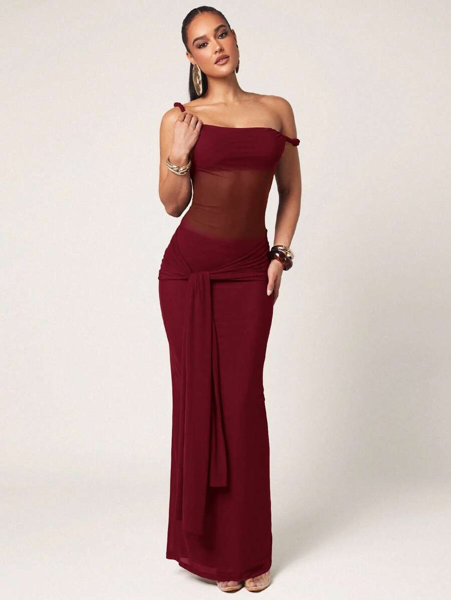Silquee Women's Minimalist Solid Color Asymmetrical Neck Bodycon Dress, Summer Mesh Maxi One Shou... | SHEIN