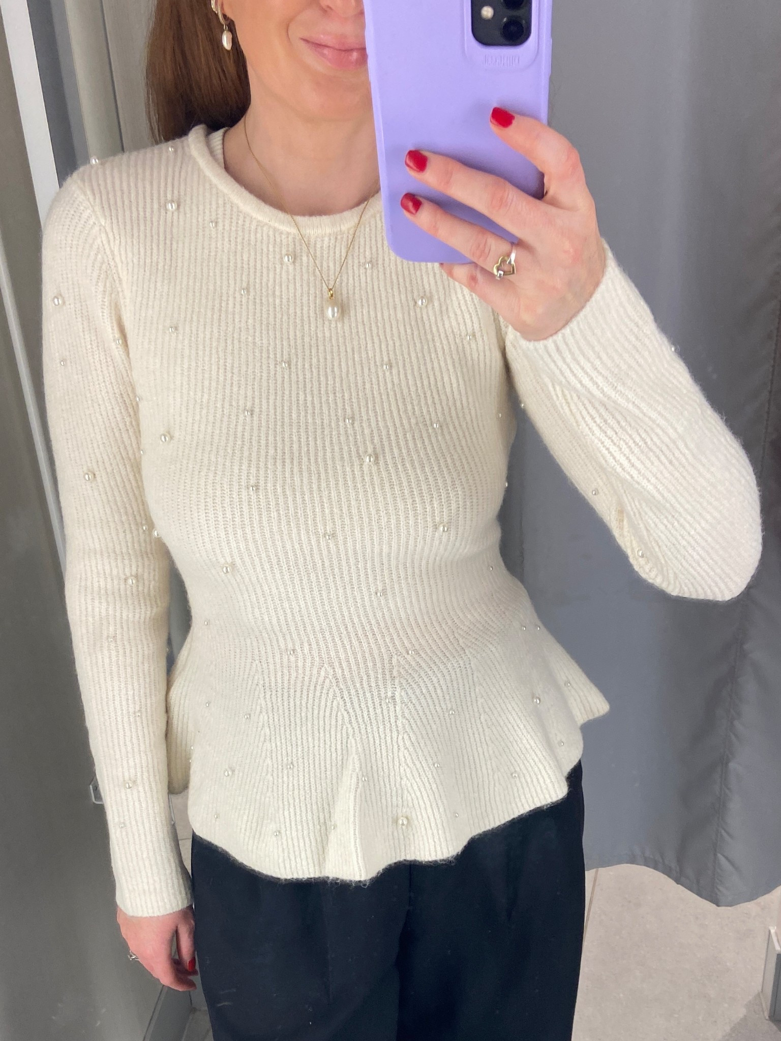 New in from H&M this cream peplum sweater with delicate pearl embellishments is a feminine, polished knit that pairs effortlessly with wide-leg trousers; wearing a size small. 🤍🍸 

#LTKwinter #LTKfestive #LTKuk