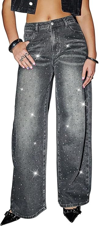 Womens High Waisted Rhinestone Jeans Straight Chic Wide Leg Bling Black Denim Pants Teen Girls Lo... | Amazon (US)