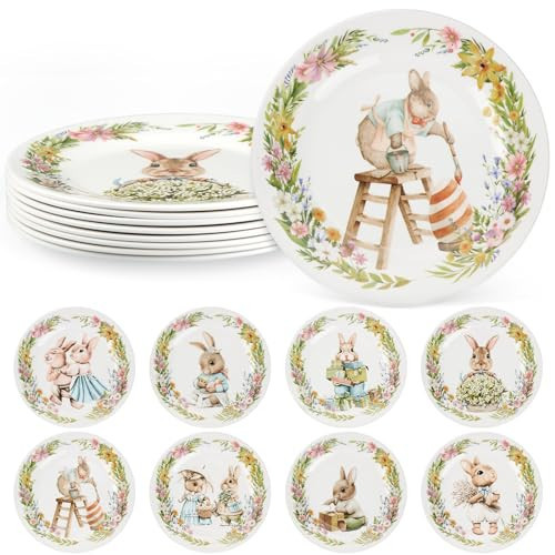 LOYIM 8 Pcs Easter Salad Plates Bunny Dishes 8" 10" Melamine Easter Dinnerware Sets Assorted Designs Ceramic-like Spring Rabbit Plates for Dinner Salad Dessert Birthday Party Supplies(8 Inch) | Amazon (US)