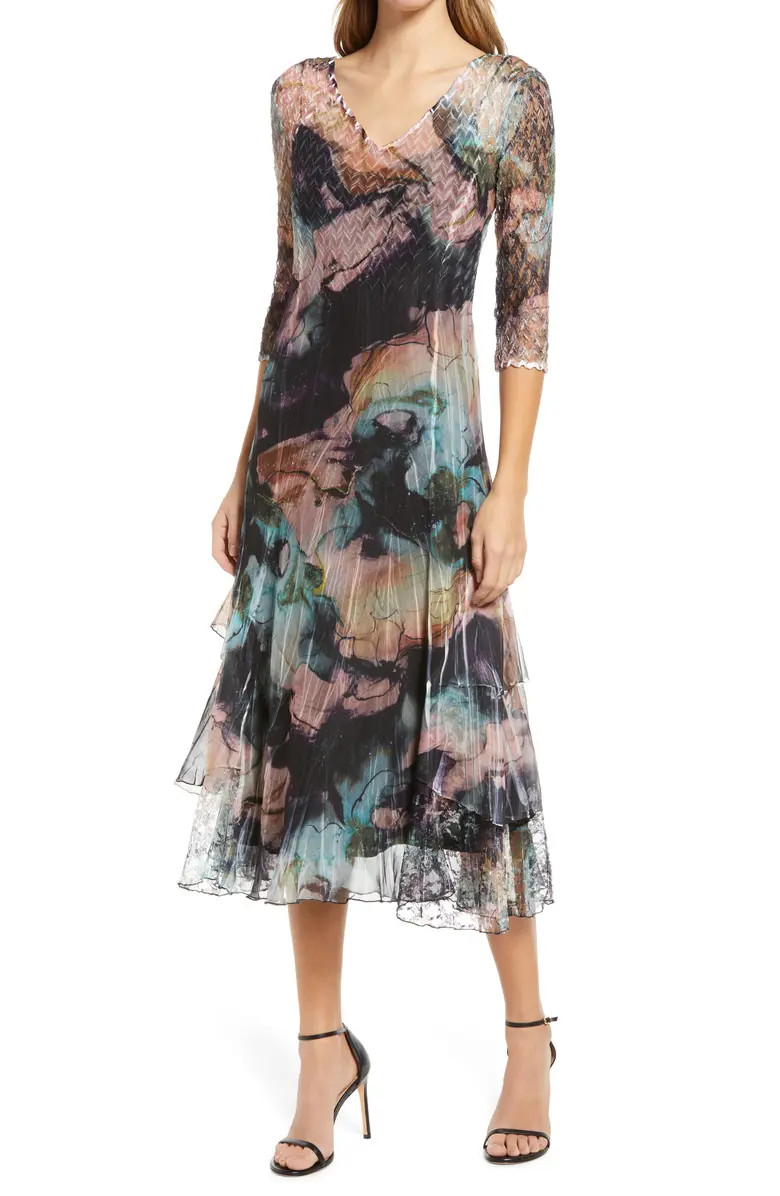 Watercolor Floral Chiffon & Charmeuse V-Neck Midi Dress | Nordstrom