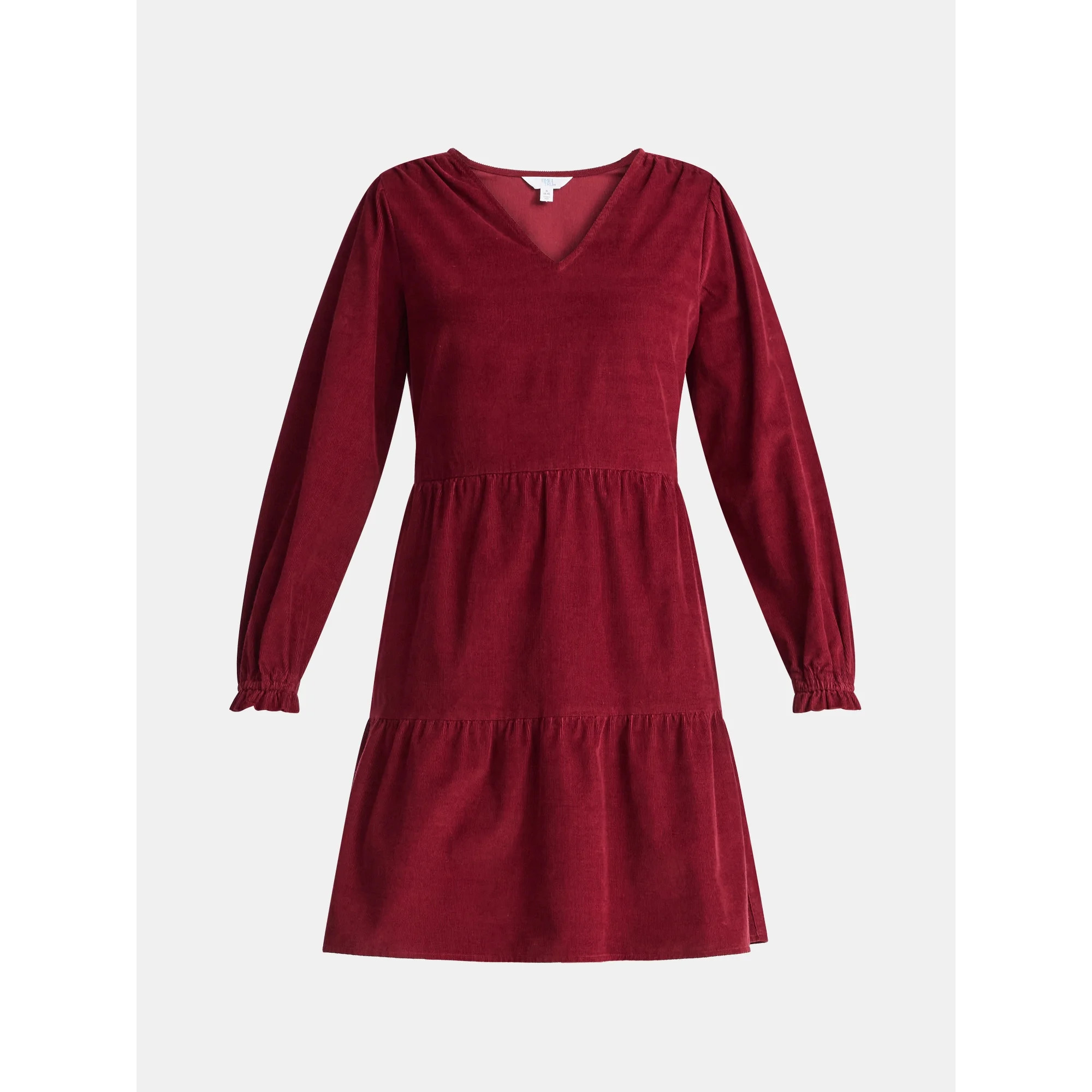 Time and Tru Women's Tiered Corduroy Dress with Long Sleeves, Sizes XS-XXXL | Walmart (US)