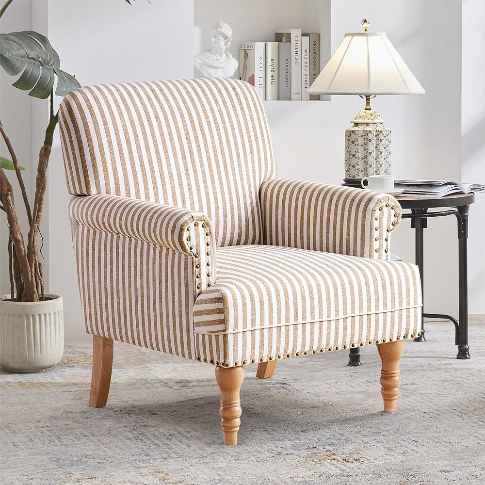 Stripe Linen Fabric Rolled Armchair, Mid Century Modern Accent Chair with Solid Wood Legs, Single... | Amazon (US)