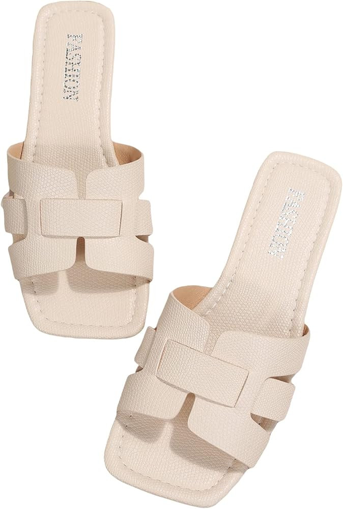 Women's Crocodile Embossed Flat Sandals Cross Strappy Open Toe Slide Sandals | Amazon (US)