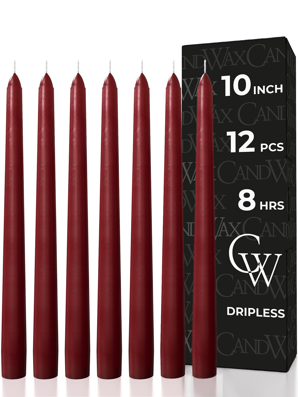 CANDWAX 10 inch Burgundy Taper Candles Set of 12 - Unscented Dripless Burgundy Candlesticks - Chr... | Amazon (US)