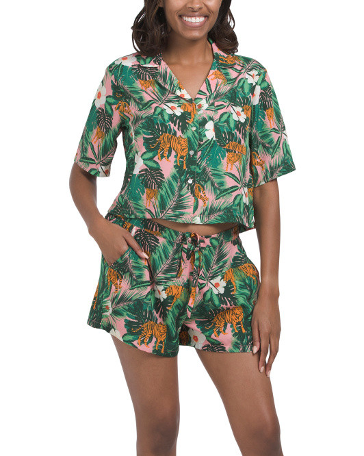 Tiger Jungle Cropped Notch Collar Top And Shorts Pajama Set | TJ Maxx