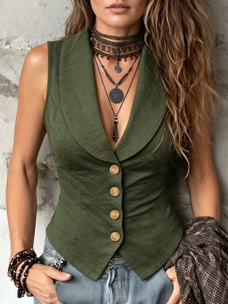 LUMIGAL Women's Sleeveless Lapel Slim-Fit Cropped Vest With Single-Breasted Metal Buttons | SHEIN